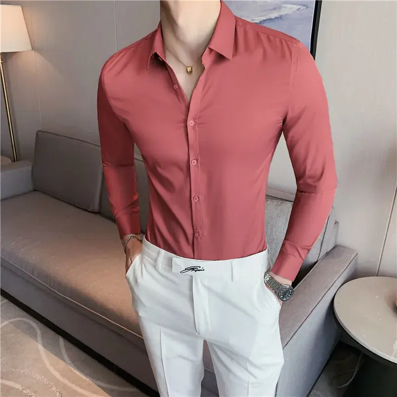 Camicia a maniche lunghe in stile inglese moda uomo di marca 2024 autunno Top Quality Business Social Wear Chemise Hommes camicie Slim Fit