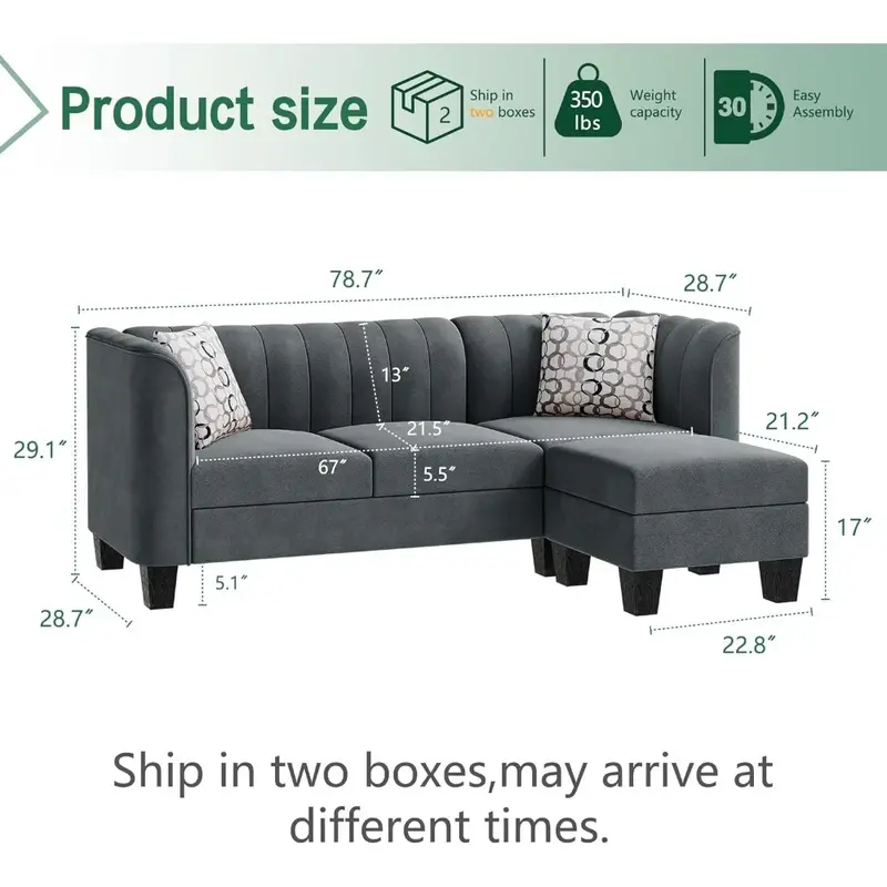 Rozkładana narożnik kanapa 3 siedzenia w kształcie L Sofa z wysokim podłokietnikiem tkanina lniana małe kanapy z połowy wieku Loveseat Hall sofy