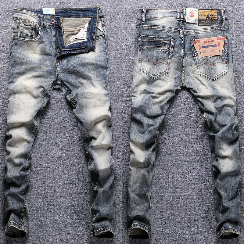 Italian Style Fashion Men Jeans Retro Washed Elastic Slim Fit Vintage Designer Jeans Men Winter Velvet Warm Denim Pants Hombre