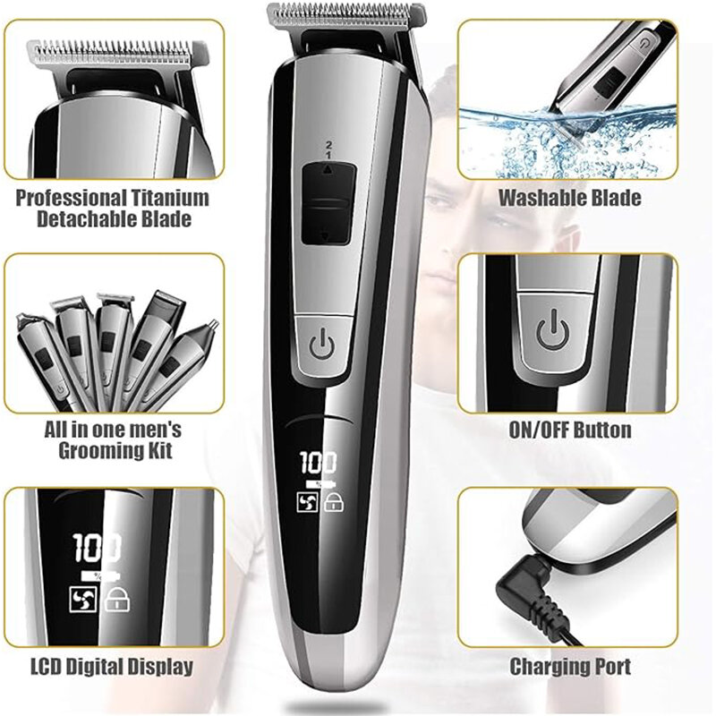 Kemei maquina de cortar pelo para hombres cortadora de pelo eléctrica para hombres Kit de belleza afeitadora multifunción recortadora de barba máquina de corte inalámbrica pantalla LCD