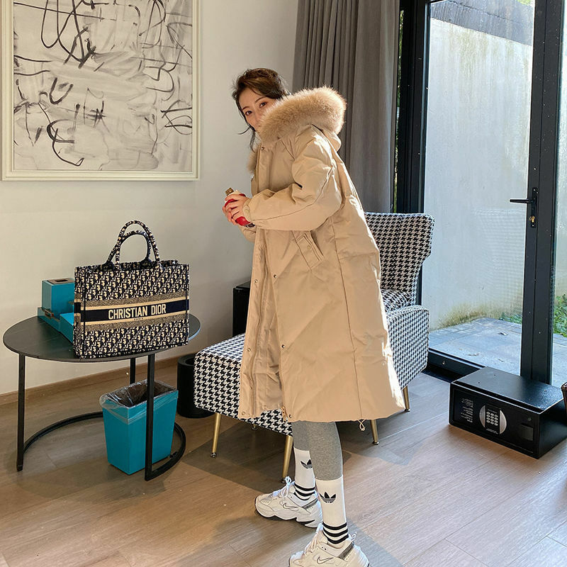 새로운 한국 버전 루즈핏 모피 칼라 다운 재킷 여성용, 중간 길이, 두꺼운, 따뜻한, 패션, 겨울
