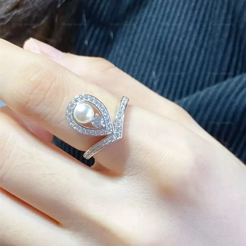 S925 anel de pérola em forma de v para mulheres, design avançado, elegante, marca fashion, joias requintadas, presente de festa