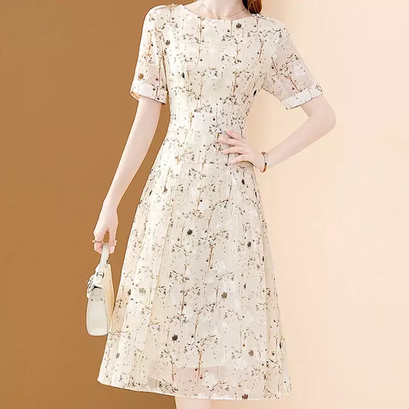 Gaun sifon wanita motif bunga cantik 2024baru gaun A-LINE kantor aprikot elegan leher-o untuk wanita gaun pesta ramping