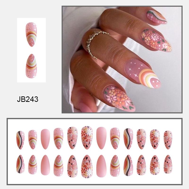 24pcs Almond False Nails French Rainbow Lines Colorful Flowers Press on Nails Fake Nails DIY Manicure Detachable Nail Tips