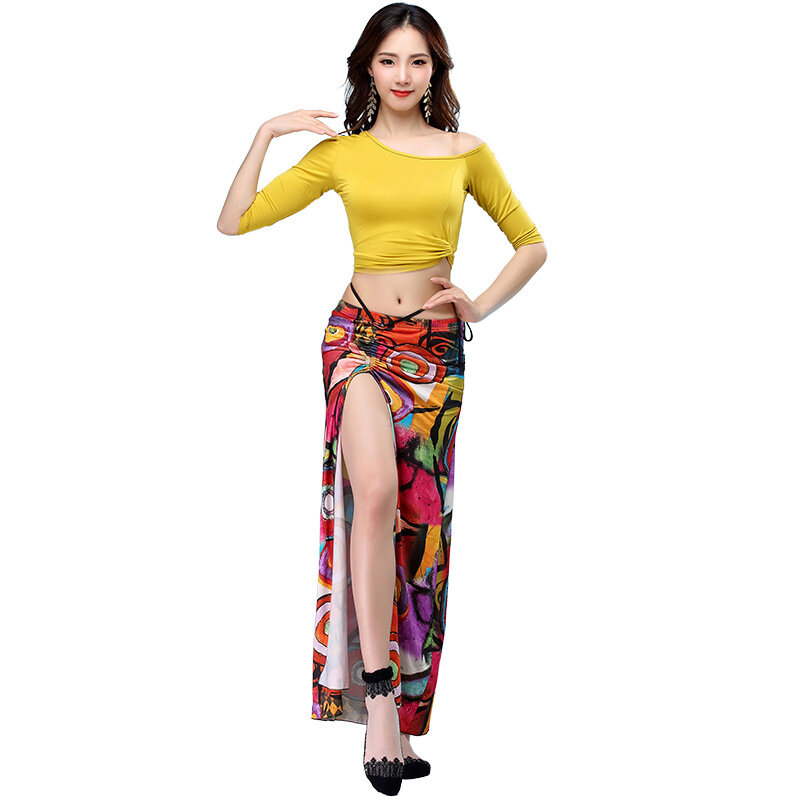 Kobiety zestaw do tańca brzucha orientalne treningi noszą profesjonalny Top do tańca brzucha w jednolitym kolorze z długim zestaw spódnic odzież