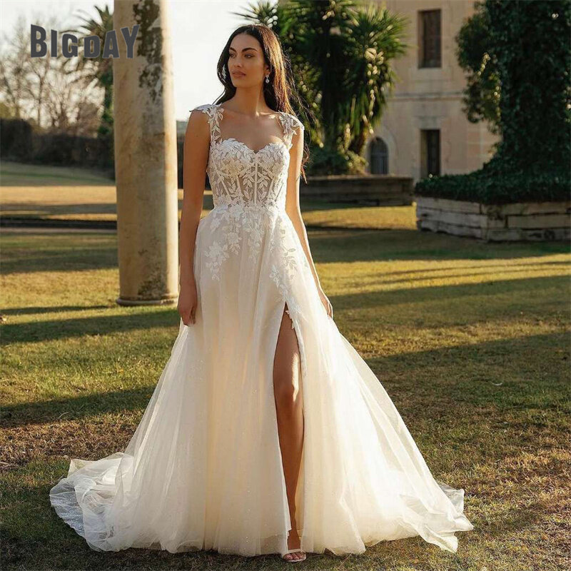 Elegant A-Line Wedding Dresses Women Open Back Lace Sweetheart Spaghetti Straps Split Bridal Gown Sweep Train Vestidos De Noiva