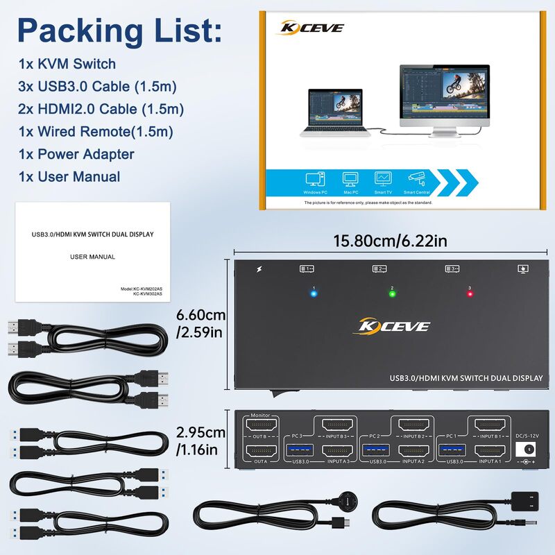 Monitor duplo com switch KVM HDMI, USB 3.0, 2 monitores, 3 computadores, Emulador EDID, 4K @ 60Hz, 2K @ 144Hz, 4 portas USB 3.0