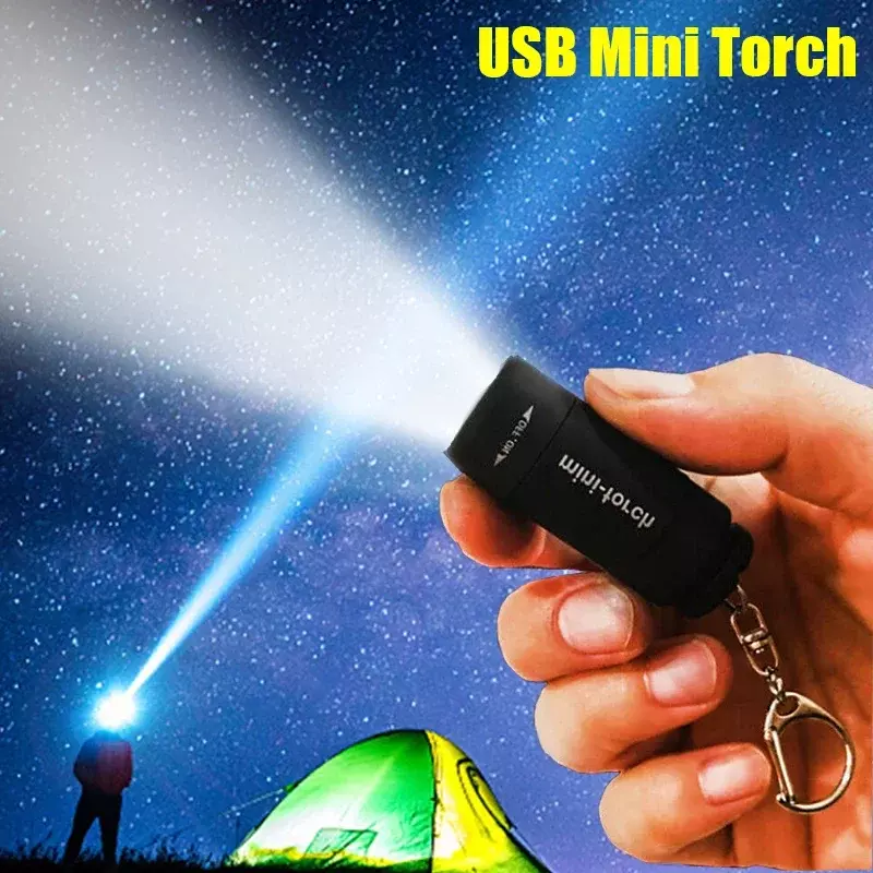 휴대용 USB 충전식 포켓 LED 미니 토치 라이트, 키체인 토치 램프 랜턴, 야외 하이킹 캠핑 조명