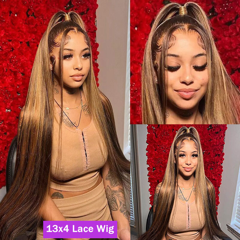 13x6 Highlight Ombre Lace Front Wig Human Hair Brown Colored Honey Blonde 13x4 Hd Transparent Lace Wig Straight Lace Front Wig