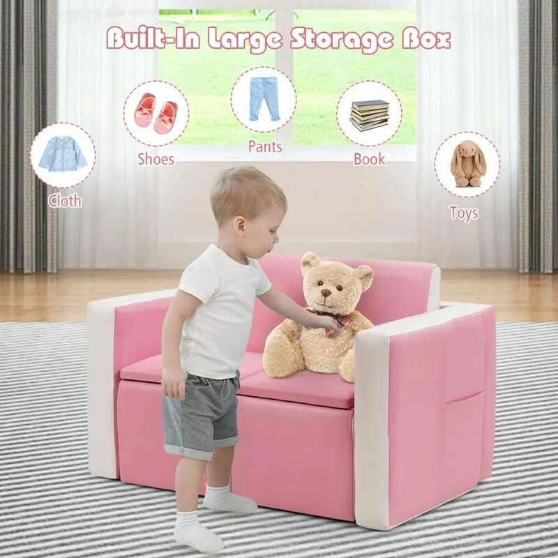 Детский диван, 2-в-1 диван-трансформер на два места с отделением для хранения, детский шезлонг из ПВХ кожи, розовый и белый