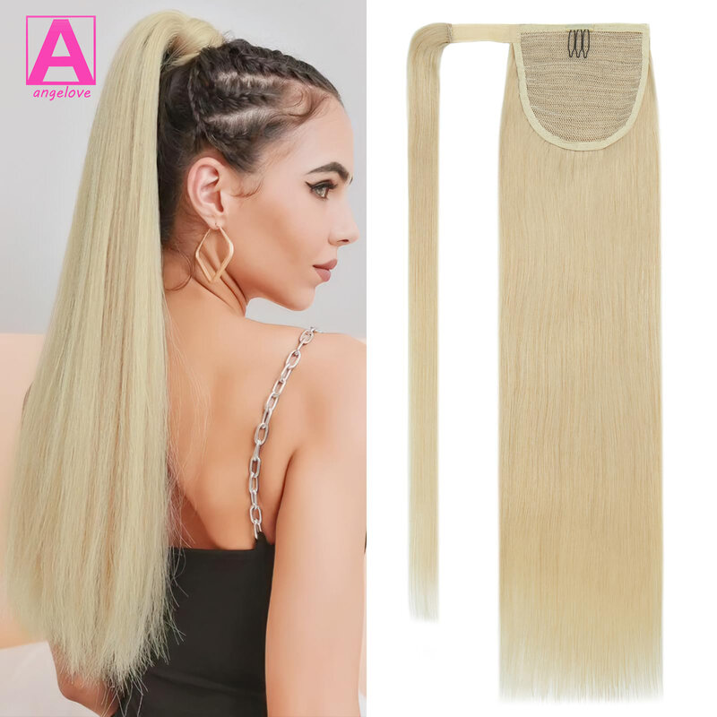 Ponytail Hair Extension with Magic Paste Real Human Hair Natural Pony Tail Straight One piece Hairpieces Bleach Blonde #613