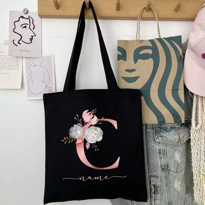 New Black Personalized Customized Name Fashion Women Pink Flower Letter Canvas Bag Leisure Shopping Large Capacity Folding Gift