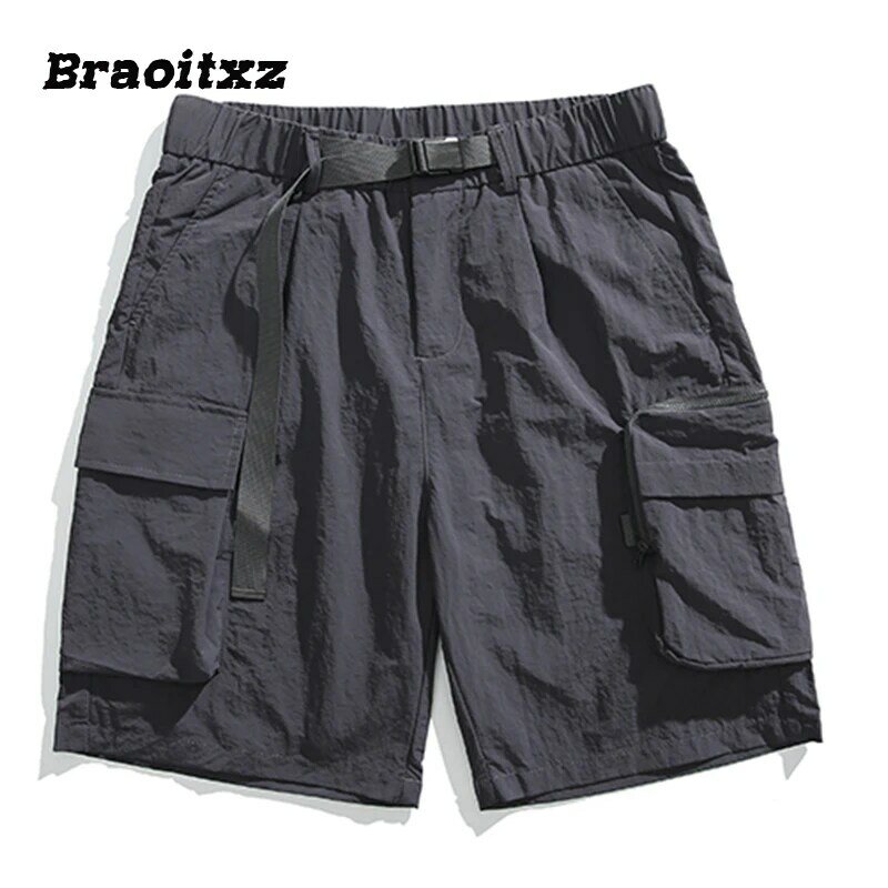 New Men Summer Outdoor Sports Fashion Casual Breathable Cool Cargo Shorts Waist Belt Solid Color Loose Cargo Shorts
