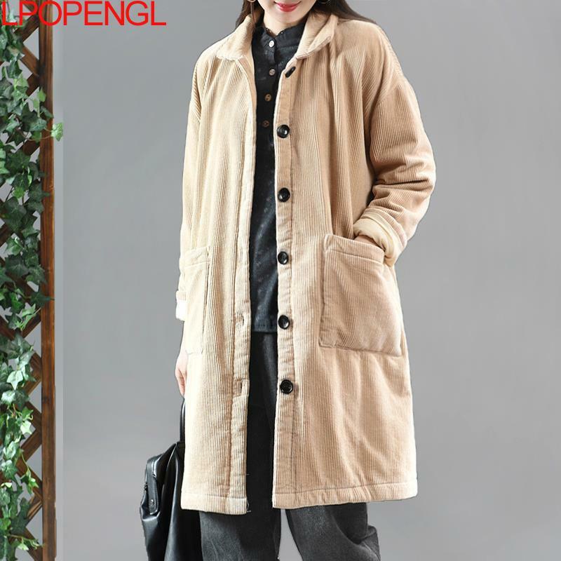 Jaqueta de algodão solta feminina, casaco literário de veludo, mangas compridas, vintage, comprimento médio, manter quente, espessado, de peito único, novo