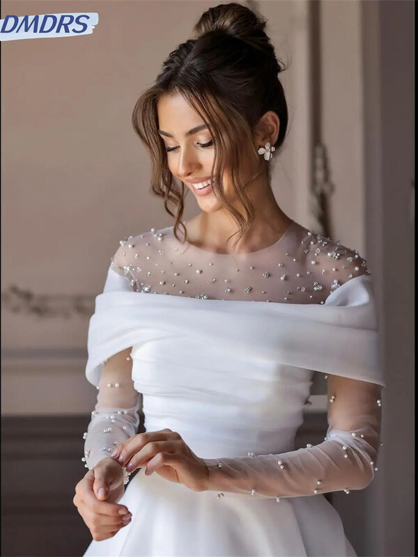 Robe de mariée perlée à manches longues, robe de mariée élégante, longueur au sol, charmante robe de soirée classique, adaptée aux patients, 2024