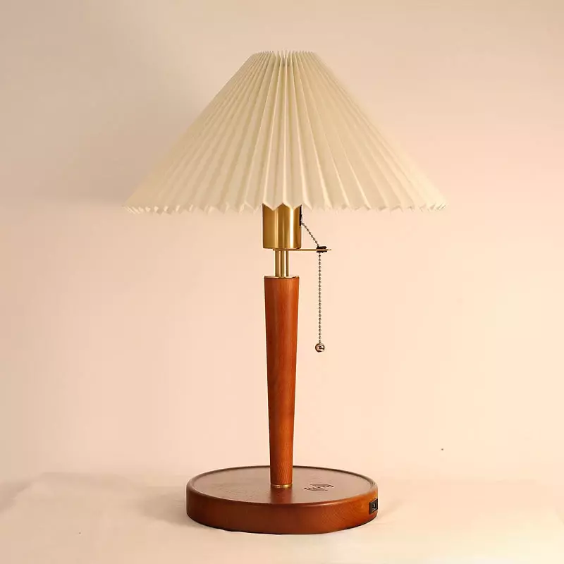 Nordic Bedside Table Lamp, Bedroom, Retro Japanese Style Pleated Mobile Phone, Wireless Charging, Wooden Small Table Lamp