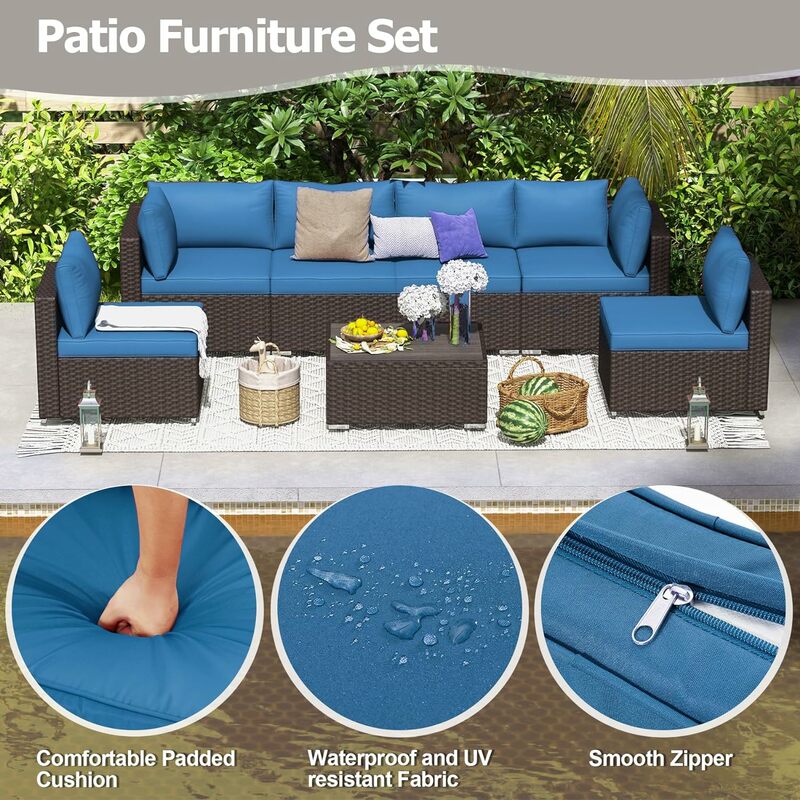 7 Piece Patio Furniture Set with Adjustable Bracket All-Weather Wicker Conversation Set with Coffee Table for Garden Backyard