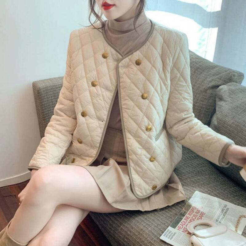 여성용 더블 브레스트 마름모 패턴 패딩 재킷, 긴 소매 카디건, 따뜻한 부드러운 레이디 코트, 가을, 겨울