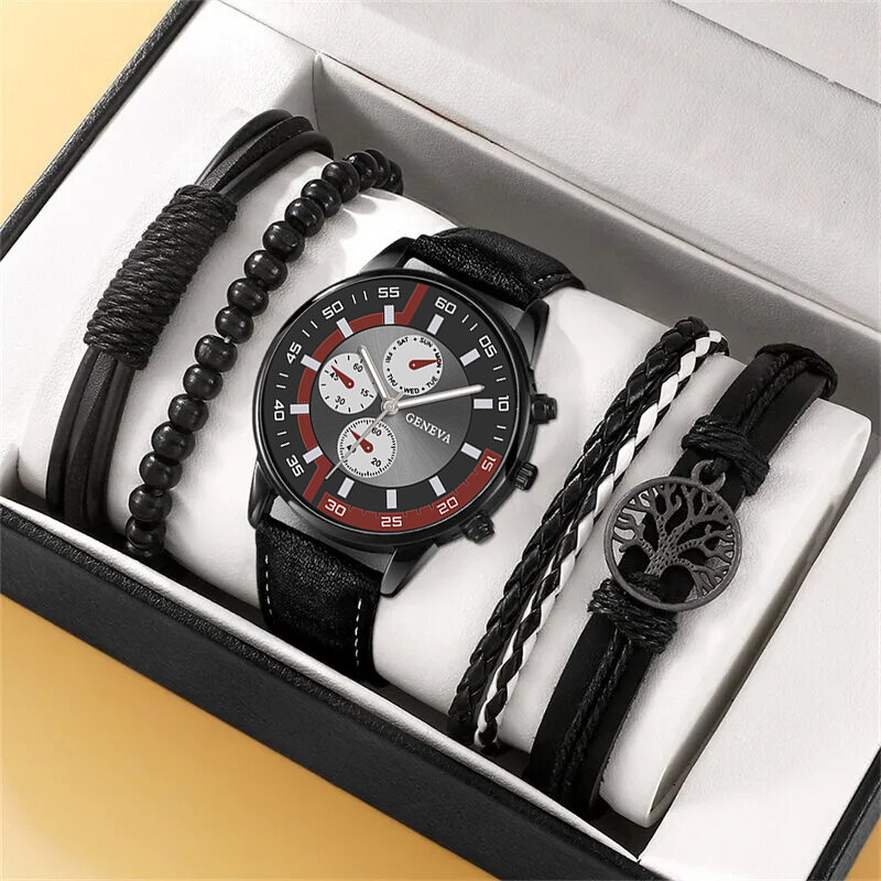 Men's Black Tree of Life Quartz Watch Set, Relógios de Negócios, Corda Manual, Luxo, Esporte, Casual, Fashion, 5 peças