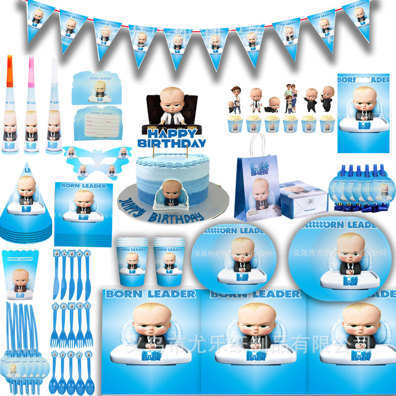 Cartoon-little-Boss-Boys motyw przyjęcie urodzinowe dekoracyjne jednorazowe naczynia balony prezenty dla dzieci Baby Shower