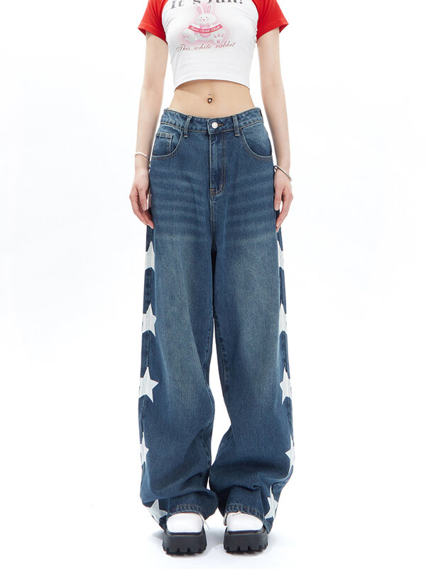 High-waisted Vintage Streetwear Jeans Blue Chic Star Sense Of Design Wide-leg Jeans Women Trendy Pants Women