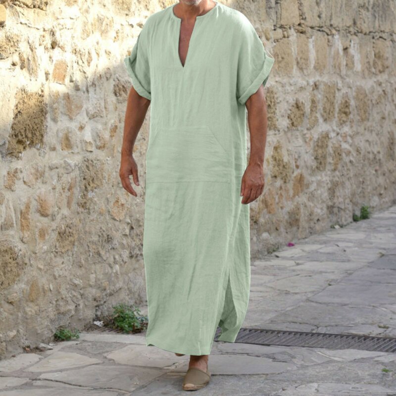 Bata musulmana de lino y algodón para hombre, caftán árabe islámico con cuello en V, manga corta, moda árabe, Jubba Thobe