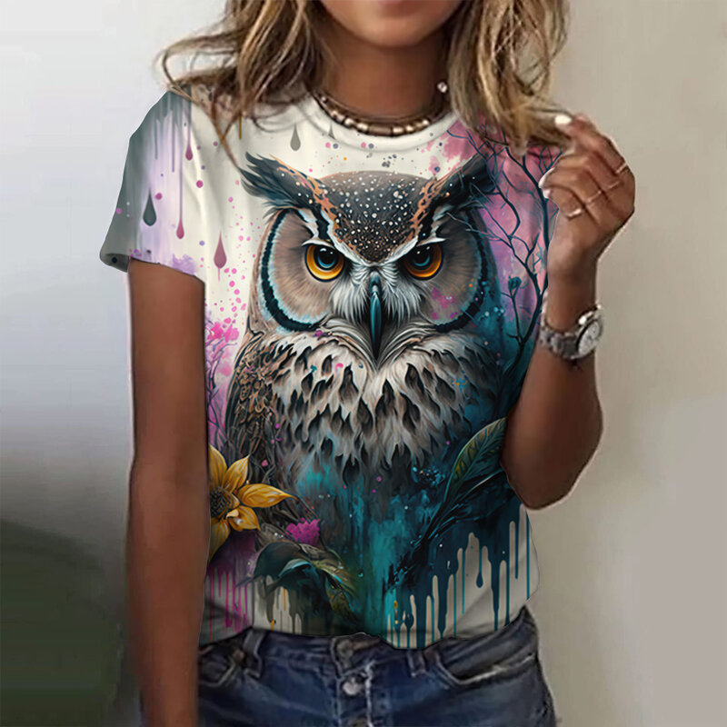 Vintage Animals Print magliette da donna Summer Fashion Top manica corta 3d Owl Print abbigliamento femminile oversize Ladies Holiday Tee