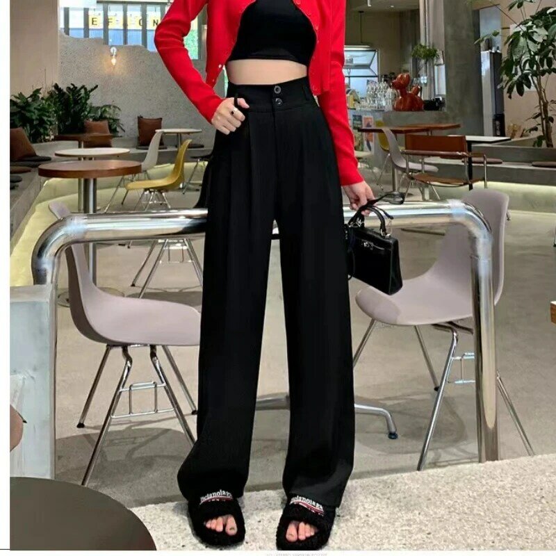 Damskie spodnie z szerokimi nogawkami damskie w stylu koreańskim z wysokim stanem czarne spodnie biurowa, damska modne luźne spodnie w kolorze szarym Streetwear