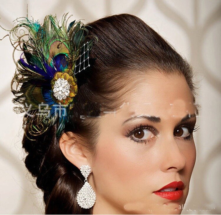 Pinza de pelo de plumas de pavo real con diamantes de imitación, accesorios para el cabello Vintage para Boda nupcial