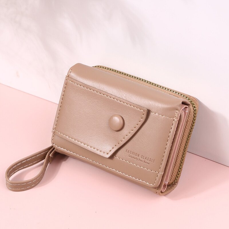 PU 가죽 편안한 표면 동전 지갑, 여성 학생용 단색 카드홀더, 3 중 지퍼 지갑, 신제품