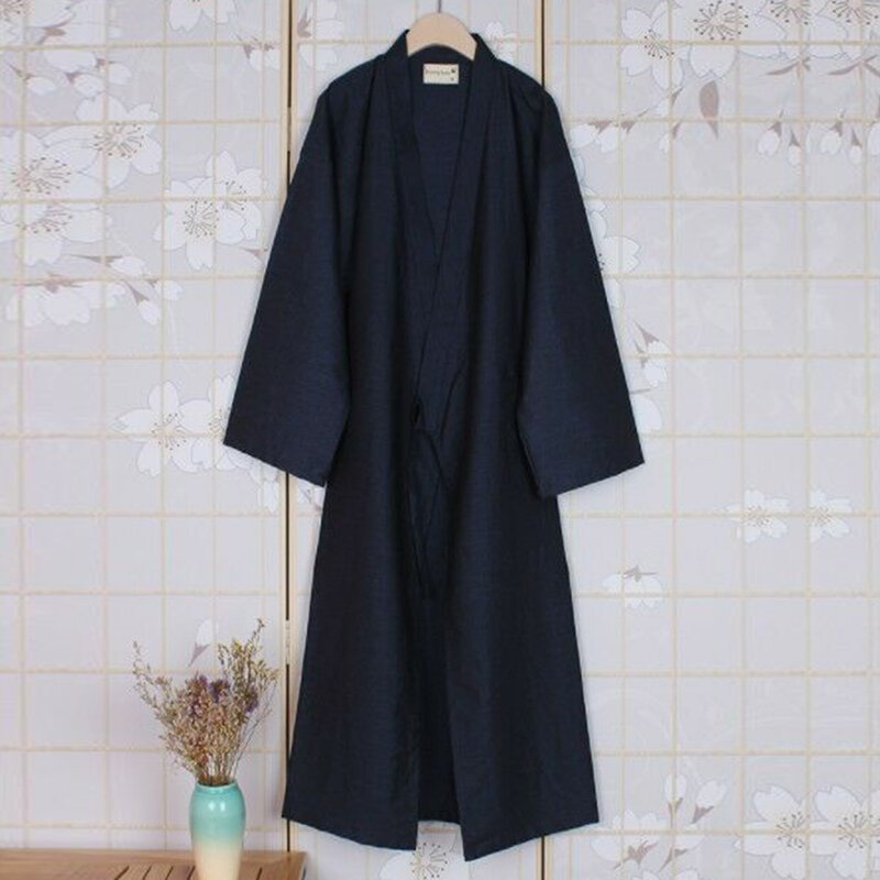Roupão japonês de algodão Yukata masculino manga longa, pijama sólido, roupão doméstico, roupa para dormir casual
