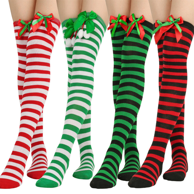 1 Paar Weihnachts strümpfe grün rot gestreifte Sox Frauen niedlichen Weihnachts feier Cosplay über dem Knie Bowknot lange Socken Mädchen Weihnachts geschenk