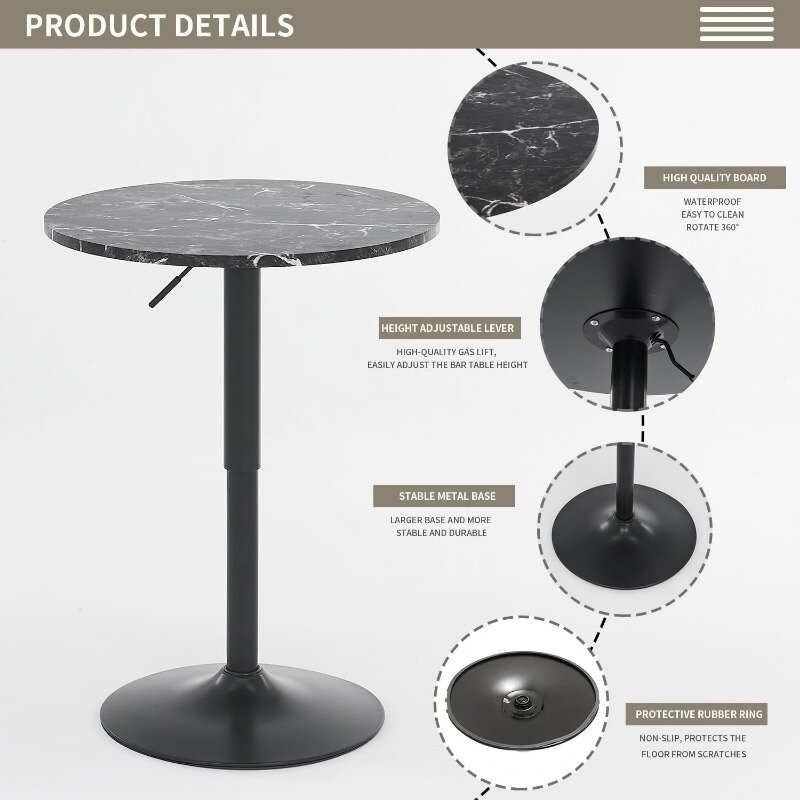 23.62" Round Bar Table, Adjustable Table,MDF Top with Silver Metal Pole Support and Base, Bistro Pub Table