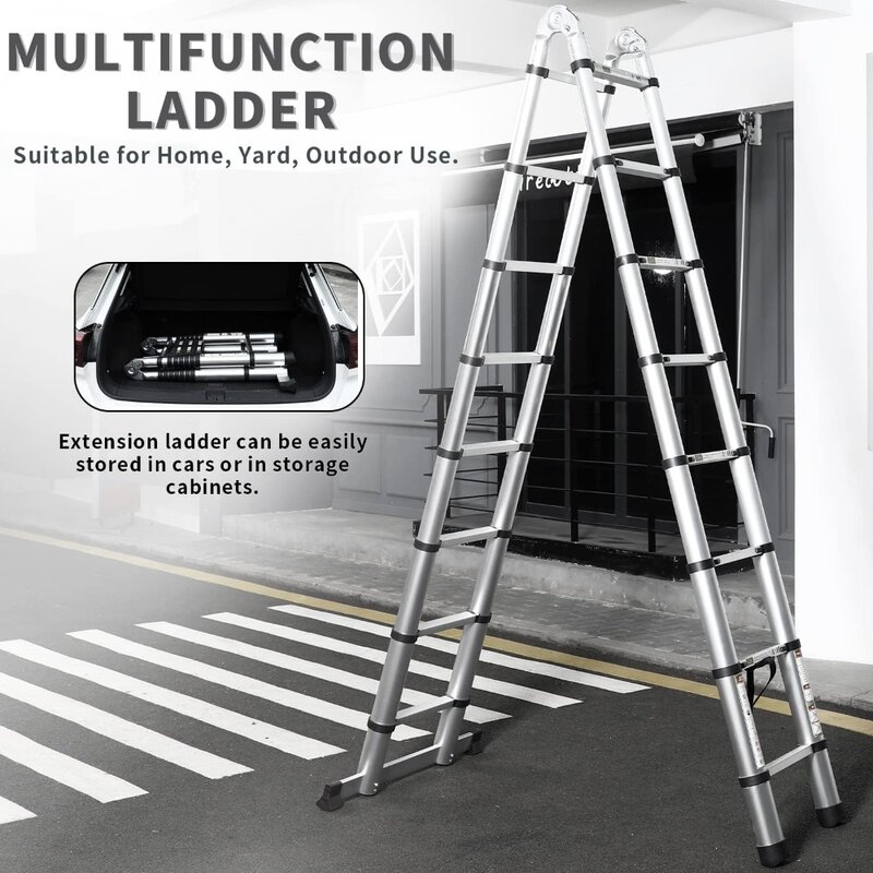 Telescoping Ladder , 12.5FT Aluminum Extension Ladder, A-Frame Telescopic Ladder Portable Folding Ladder for Outdoor&Household