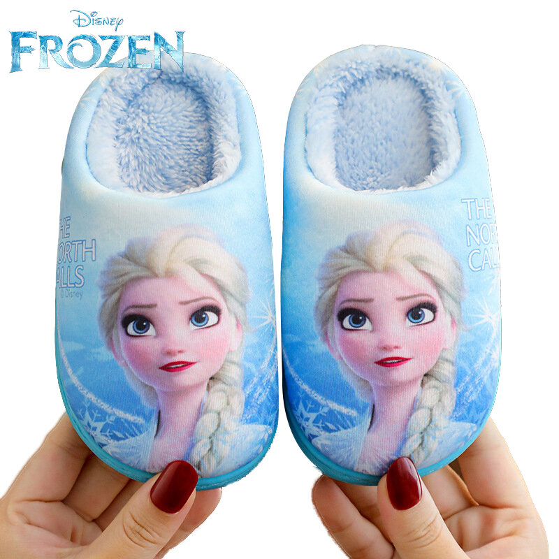Disney Frozen-Zapatillas de algodón para niños y niñas, zapatos planos cálidos de princesa Elsa, talla 24-35, Invierno