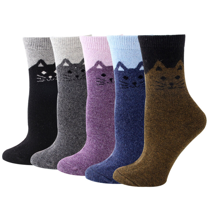 5คู่ผู้หญิงฤดูหนาวผ้าขนสัตว์ถุงเท้า Vintage แมวสัตว์รูปแบบถุงเท้าอบอุ่นหนา Cozy ถักกลางหลอดถุงเท้าถุงเท้า