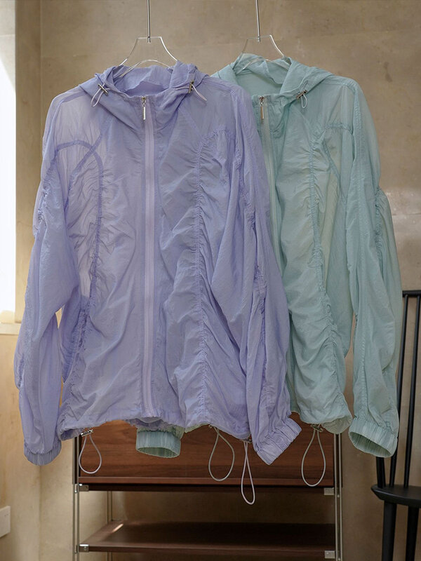 여성용 빈티지 플라워 버드 플리츠 후드 재킷, 한국 패션, 가볍고 투명한 지퍼 코트, Y2K 스트리트웨어, 2024 여름