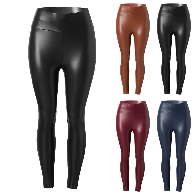 กางเกงผู้หญิงหนัง PU สีดำกางเกงเอวสูงหนังเซ็กซี่ celana Panjang legging ยืดหนา2024มาใหม่ล่าสุด