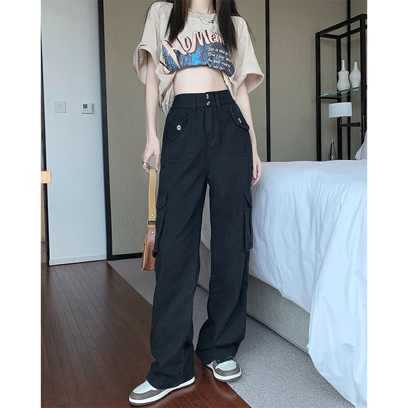 American Vintage Trendy Loose Versatile Jeans Women's Solid Button Zipper High Waisted Pockets Summer Spicy Girl Workwear Pants