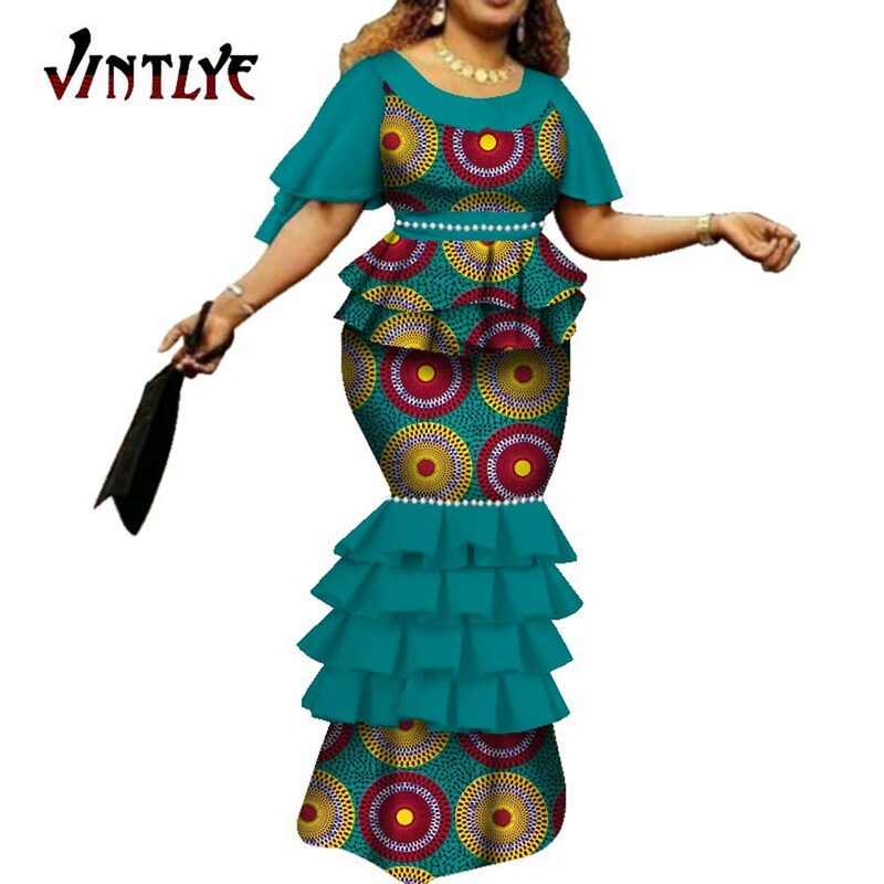 Sukienki afrykańskie dla kobiet Bazin Riche tradycyjna afrykańska woskowana tkanina drukowana długie sukienki w stylu syreny kobiety wyjątkowa odzież z rękawem WY7115