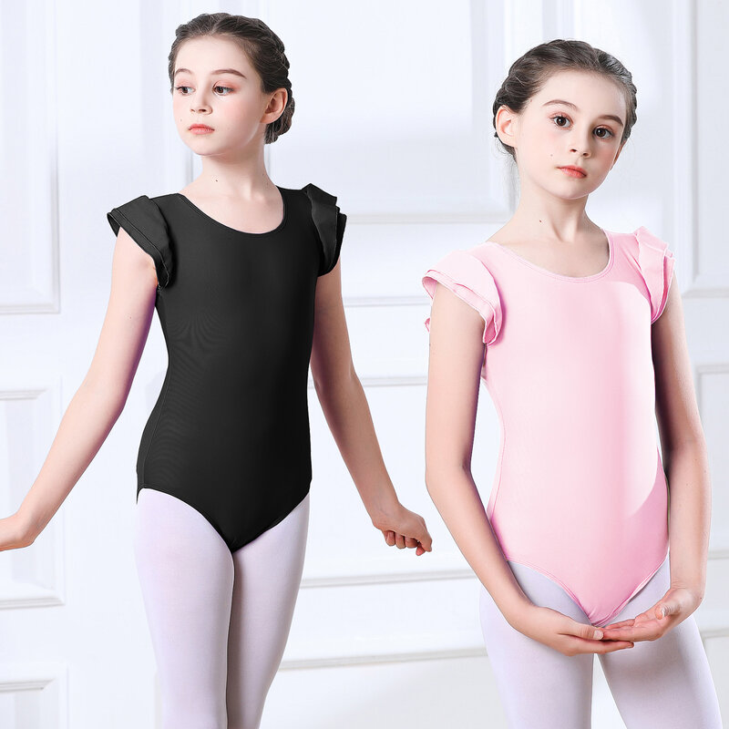 AOYLISEY gadis balet tari Leotards Ruffle lengan senam bodysuit balita anak Romper perut pakaian panggung kostum 3-12 tahun