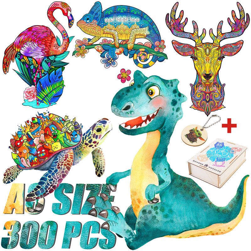 Puzzles d'animaux en bois exquis pour adultes et enfants, jouet intellectuel de forme élégante, dinosaure et cerf aux couleurs vives