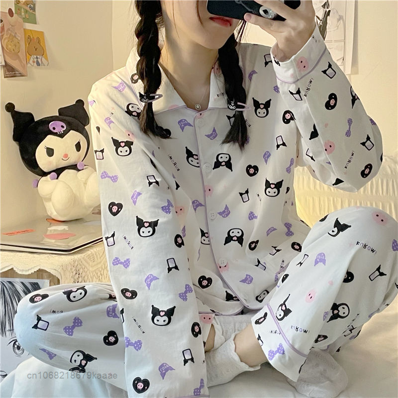 Sanrio Kuromi Pyjamas Lila Stil Y2k Nette 2 Stück Set Frauen Hause Kleidung Dünne Lange Hülse Tops Breite Bein Hosen weibliche Nachtwäsche