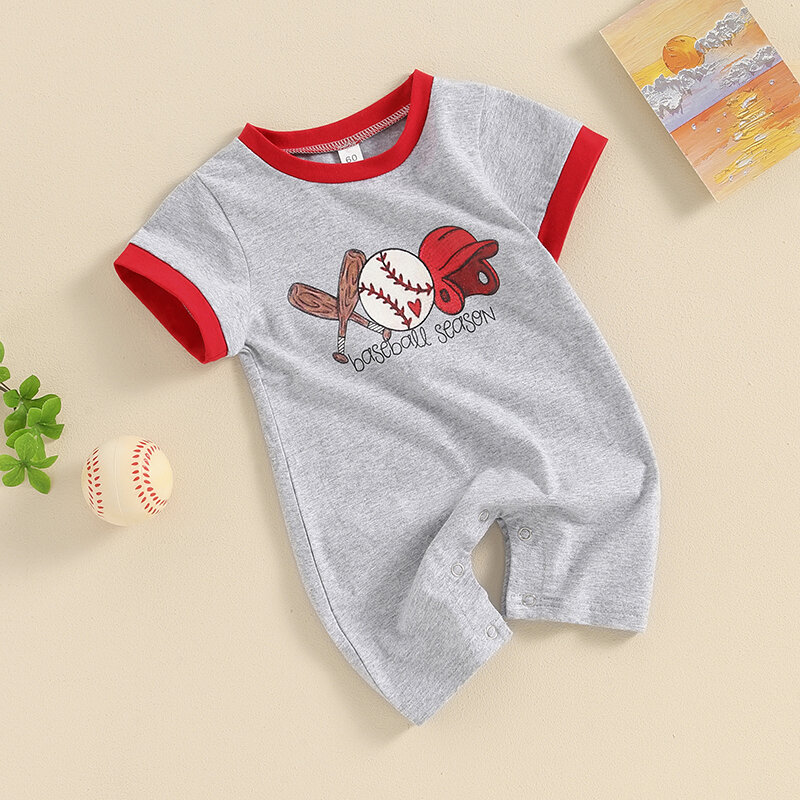 VISgogo Boys Baby Letnie śpioszki dla niemowląt z krótkim rękawem i okrągłym dekoltem Baseball Print Casual Jumpsuit