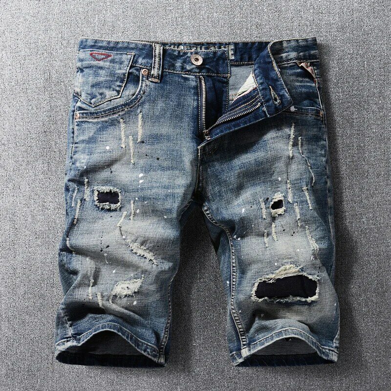 Recém Designer de Moda Masculina Jeans Verão Elástico Vintage Retro Azul Rasgado Jeans Curto Homme Patchwork Casual Denim Shorts Homens