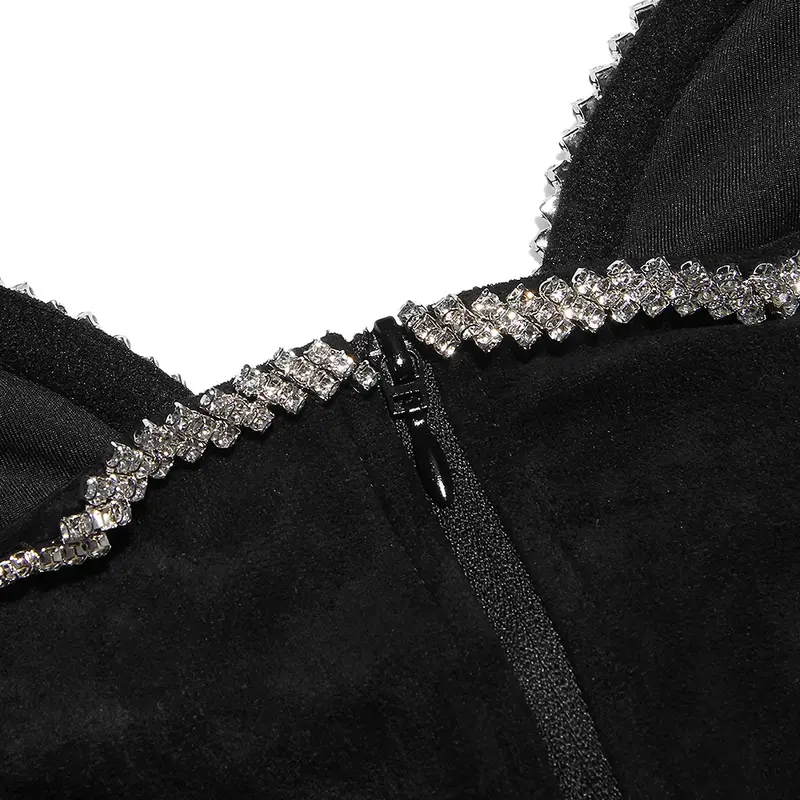 Costume noir sexy sans bretelles avec col en V profond, fronde en biscuits, exposition du nombril, fibre, mini glatis, club de fête, LM033