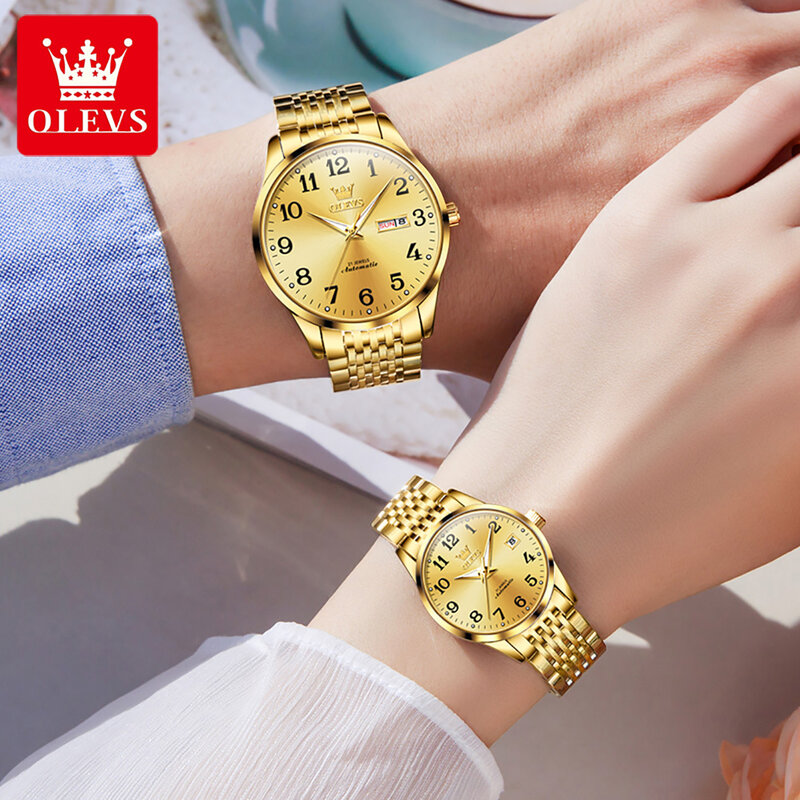 OLEVS jam tangan pasangan, arloji skala Digital kalender ganda, jam tangan mekanis otomatis sepenuhnya tahan air warna emas