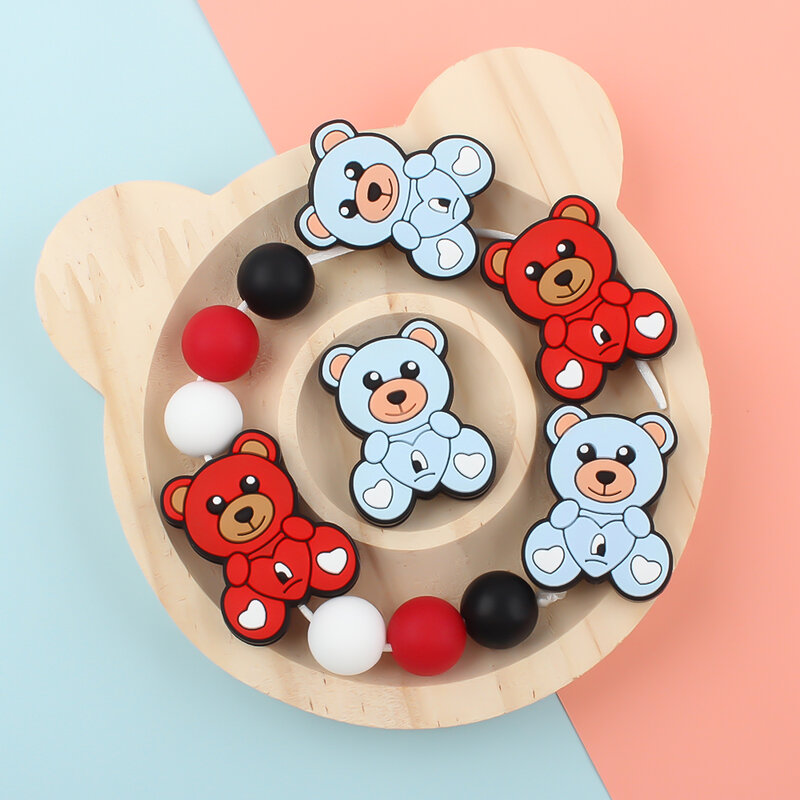 5/10pcs Silicone Beads Cute Cartoon Love Bear Holder Pacifier Chain Accessories DIY Chewable Teething Toys Free BPA