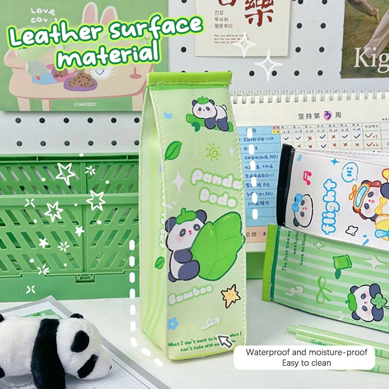 Bonita bolsa de Panda para bolígrafos, estuche de lápices de cartón de leche, bolsa de cosméticos de PU, caja de almacenamiento de lápiz labial, contenedor organizador de papelería