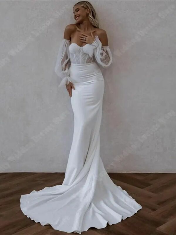 Schöne glänzende Satin Brautkleider neu von der Schulter Dame Roben 2024 faszinierende Wickel Gesäß Frauen Vestidos de Novia